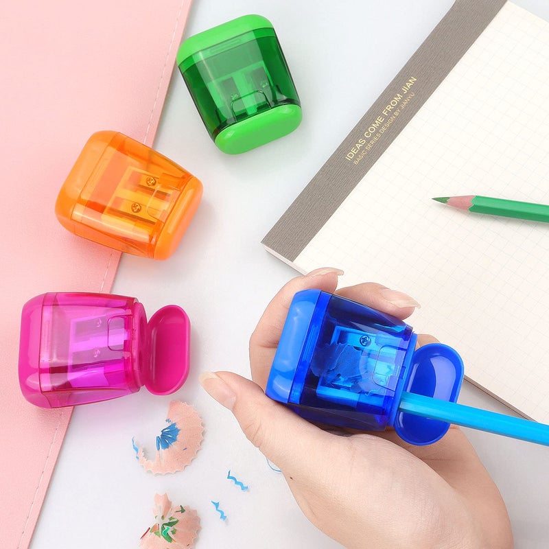 Hutou 4 Pack Double Holes Pencil Sharpener Manual Sharpeners with Lid for Kids, School, Office, Home(Blue, Green, Orange, Rose) - Image 3